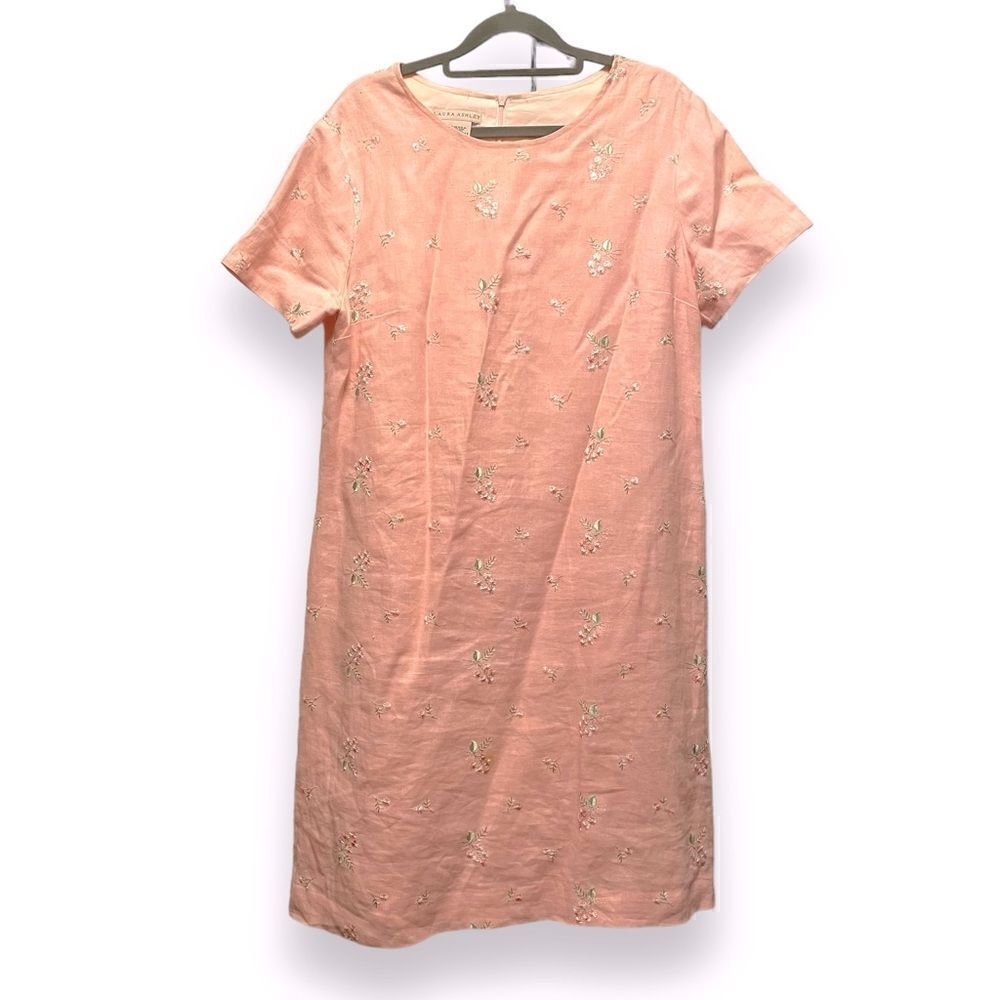 Vintage Laura Ashley Embroidered Floral Linen Knee Length Shift Dress
